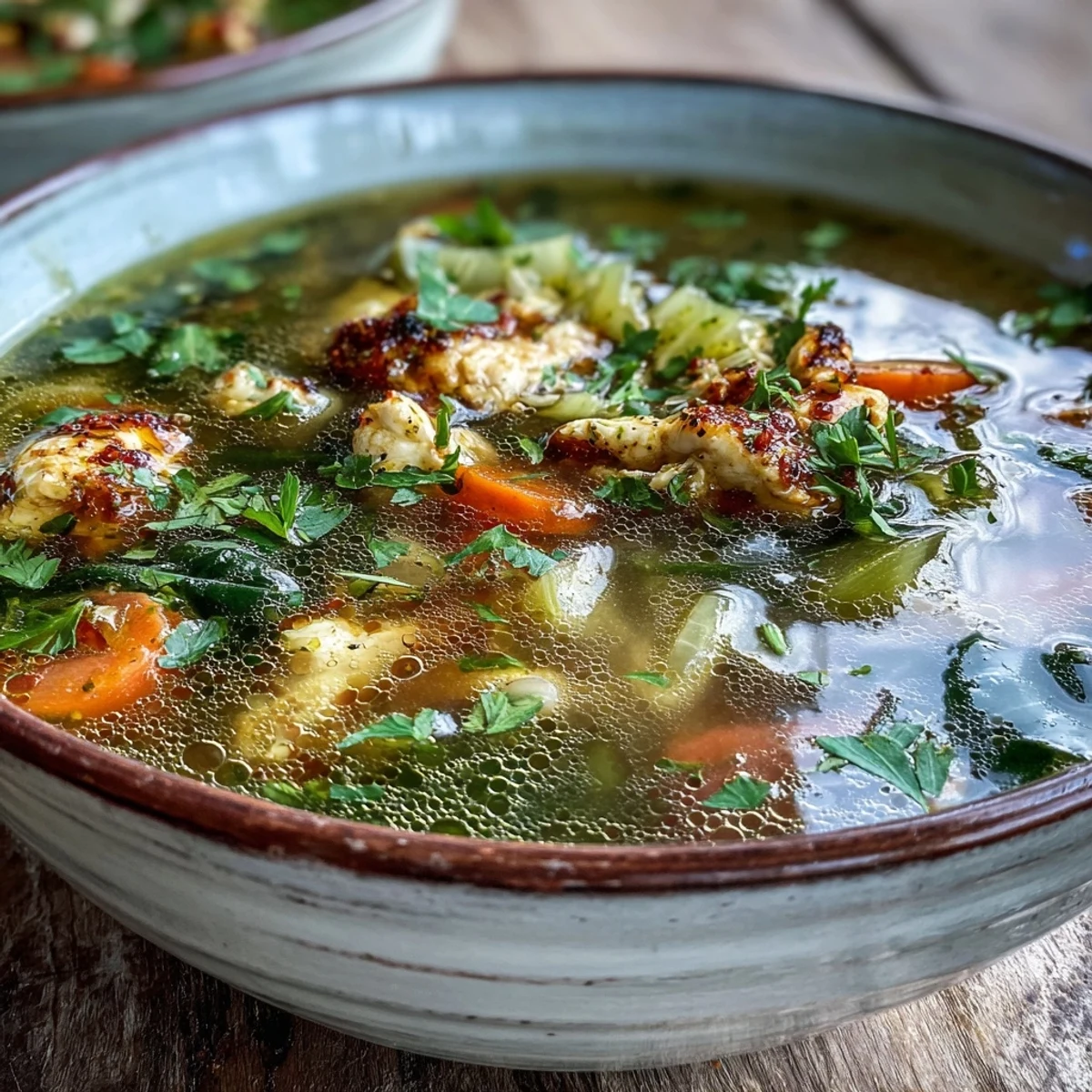 A close-up of Turmeric Chicken Soup in a rustic bowl, garnished with cilantro and a lemon wedge for brightness.