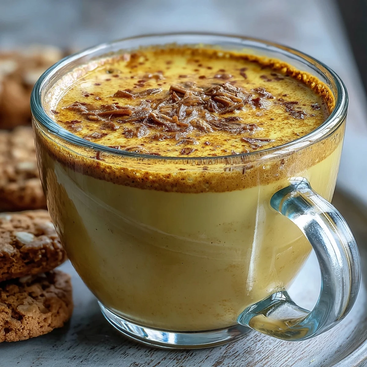 Steaming cup of Turmeric and Ginger Golden Milk, sprinkled with cinnamon and served alongside almond biscotti.