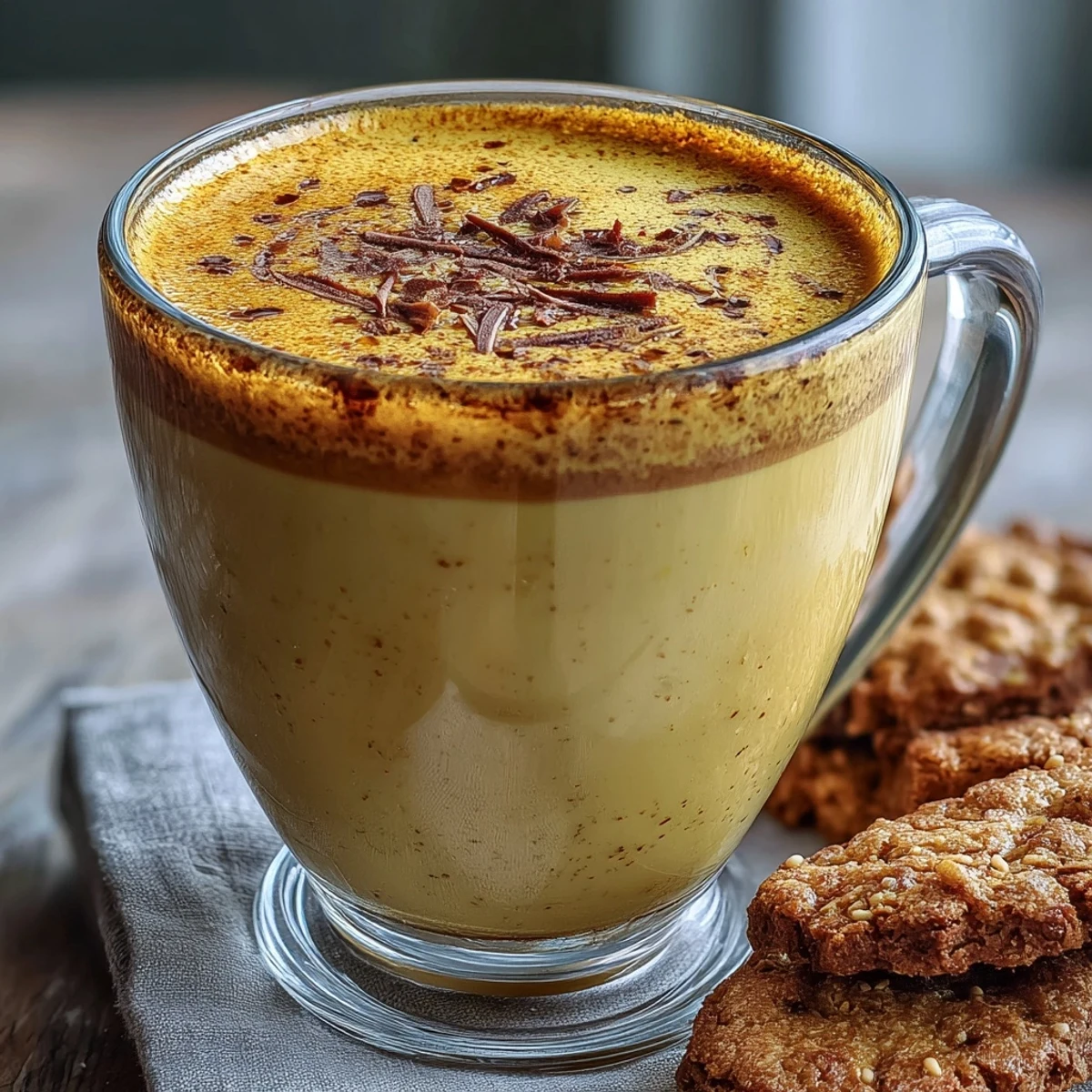 Ceramic mug holding Turmeric and Ginger Golden Milk, topped with cinnamon and a cozy cinnamon stick stirrer.