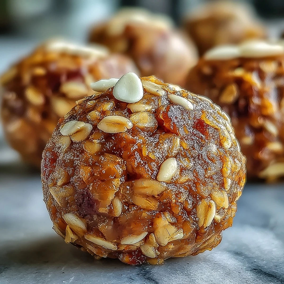 A close-up of no-bake Ginger Turmeric Energy Balls showing their textured, oat-and-date interior, with hemp seeds and a sprinkle of cinnamon for a nourishing, gluten-free treat.