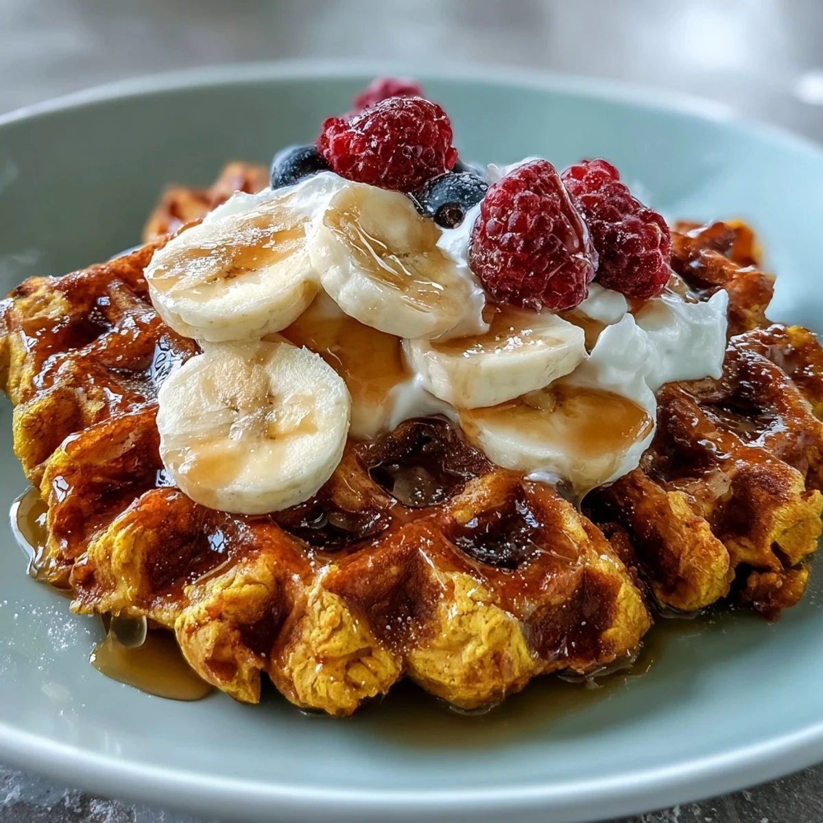 A close-up of golden-brown Anti-Inflammatory Adaptogenic Turmeric Waffles, garnished with sliced banana and a dollop of creamy coconut yogurt for a dairy-free option.