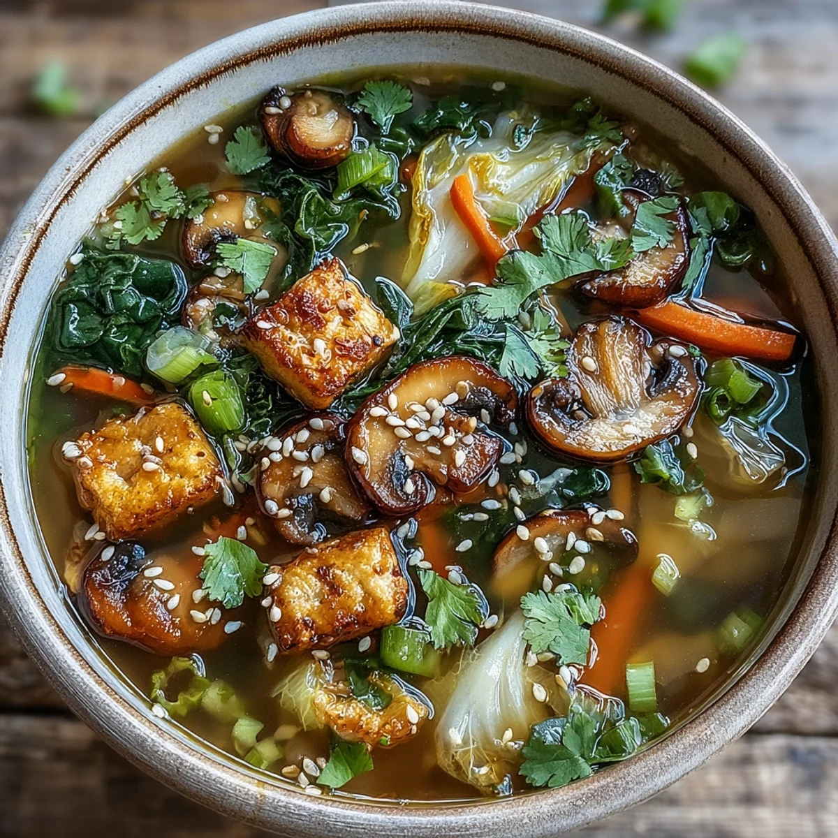 Savory Ginger-Miso Winter Soup in a rustic bowl, garnished with toasted sesame seeds and cilantro.