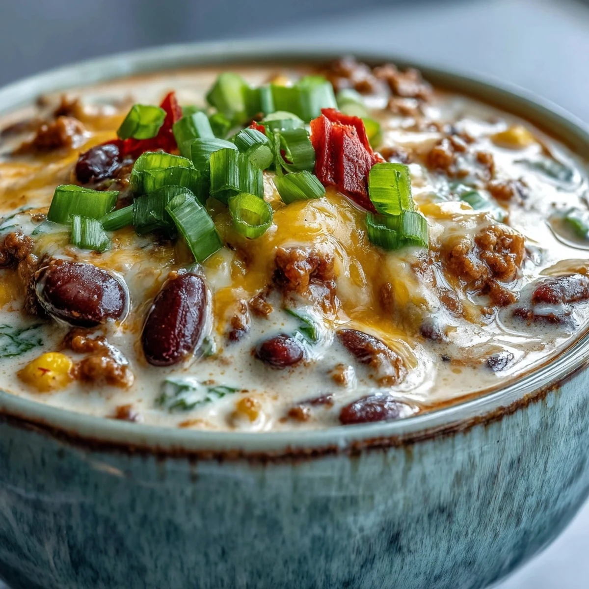Creamy Taco Soup simmering in a pot with ground beef, beans, and corn, garnished with green onions for a hearty Tex-Mex meal.
