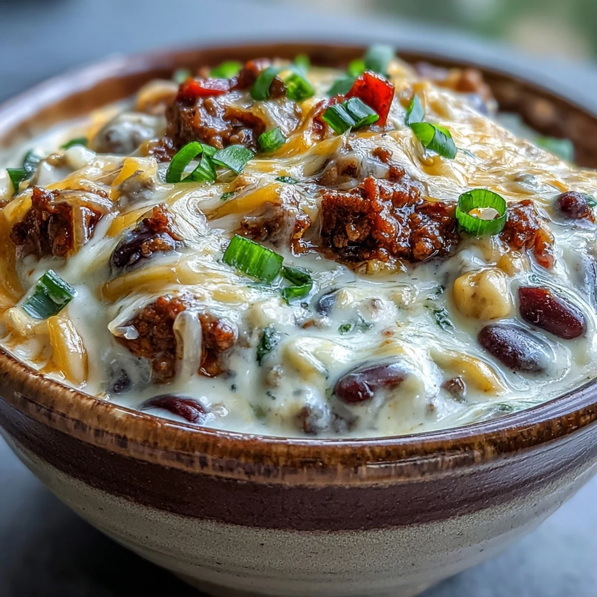 Rich Creamy Taco Soup steaming in a Dutch oven, featuring diced bell pepper and cilantro garnish on a cozy winter night.