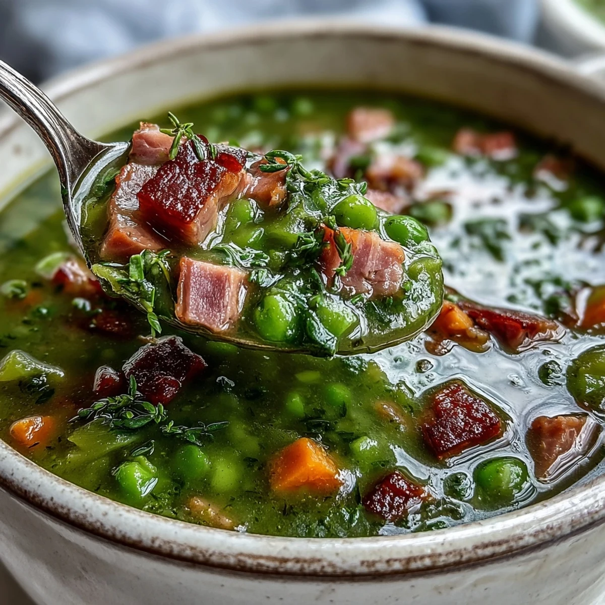Steaming Split Pea and Ham Soup in a rustic pot, revealing tender carrots and savory ham in a rich green broth.