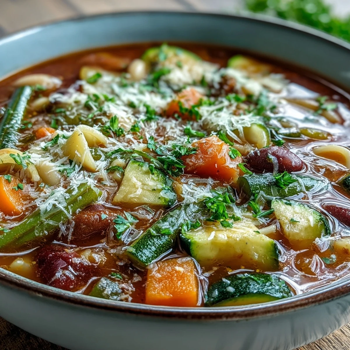 Hearty Minestrone Soup steaming in a white bowl, topped with Parmesan and parsley, served beside crusty bread.