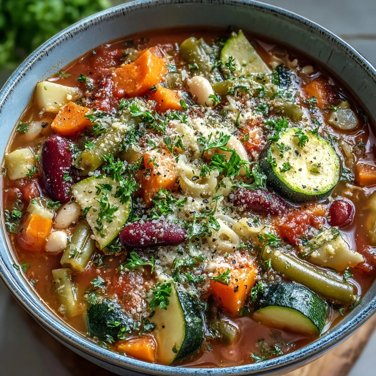 Overhead view of vibrant Minestrone Soup in a rustic pot, showing colorful vegetables, beans, and pasta in rich broth.