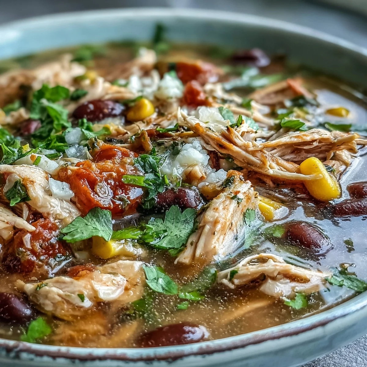 Colorful Southwestern Turkey Soup in a rustic bowl, showcasing tender turkey, black beans, sweet corn, and diced tomatoes.