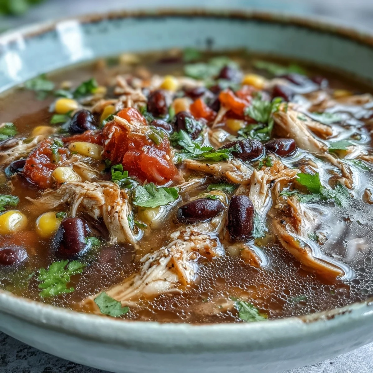 Close-up of ladle serving Southwestern Turkey Soup, revealing rich broth with green chiles and aromatic spices.