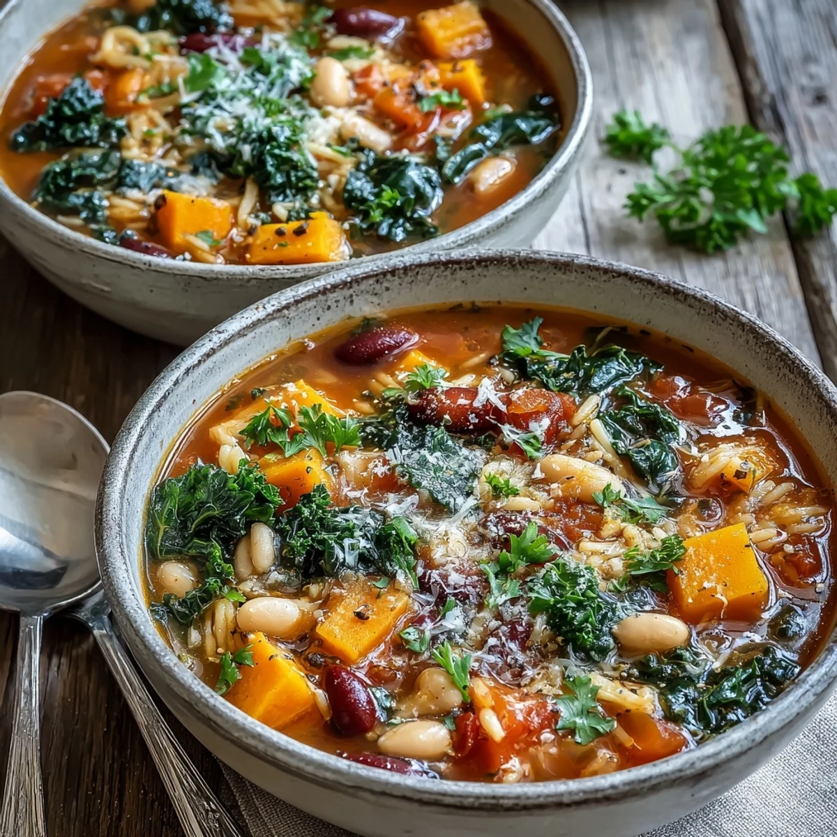 Steaming bowls of Winter Minestrone Soup filled with butternut squash, kale, and pasta in a rich red tomato broth.