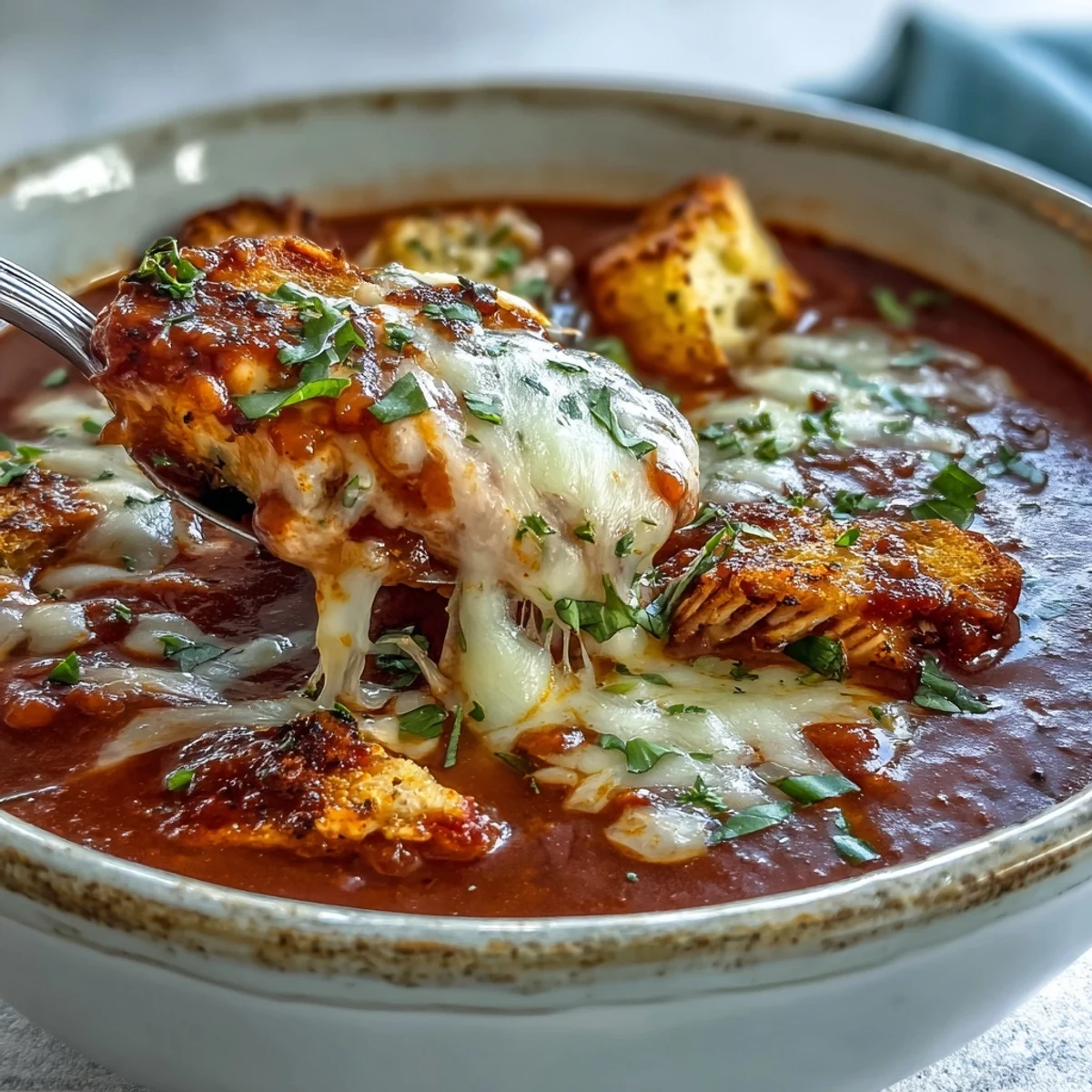 Italian-inspired Grilled Chicken Parmesan Soup served in rustic bowls, finished with Parmesan and mozzarella.