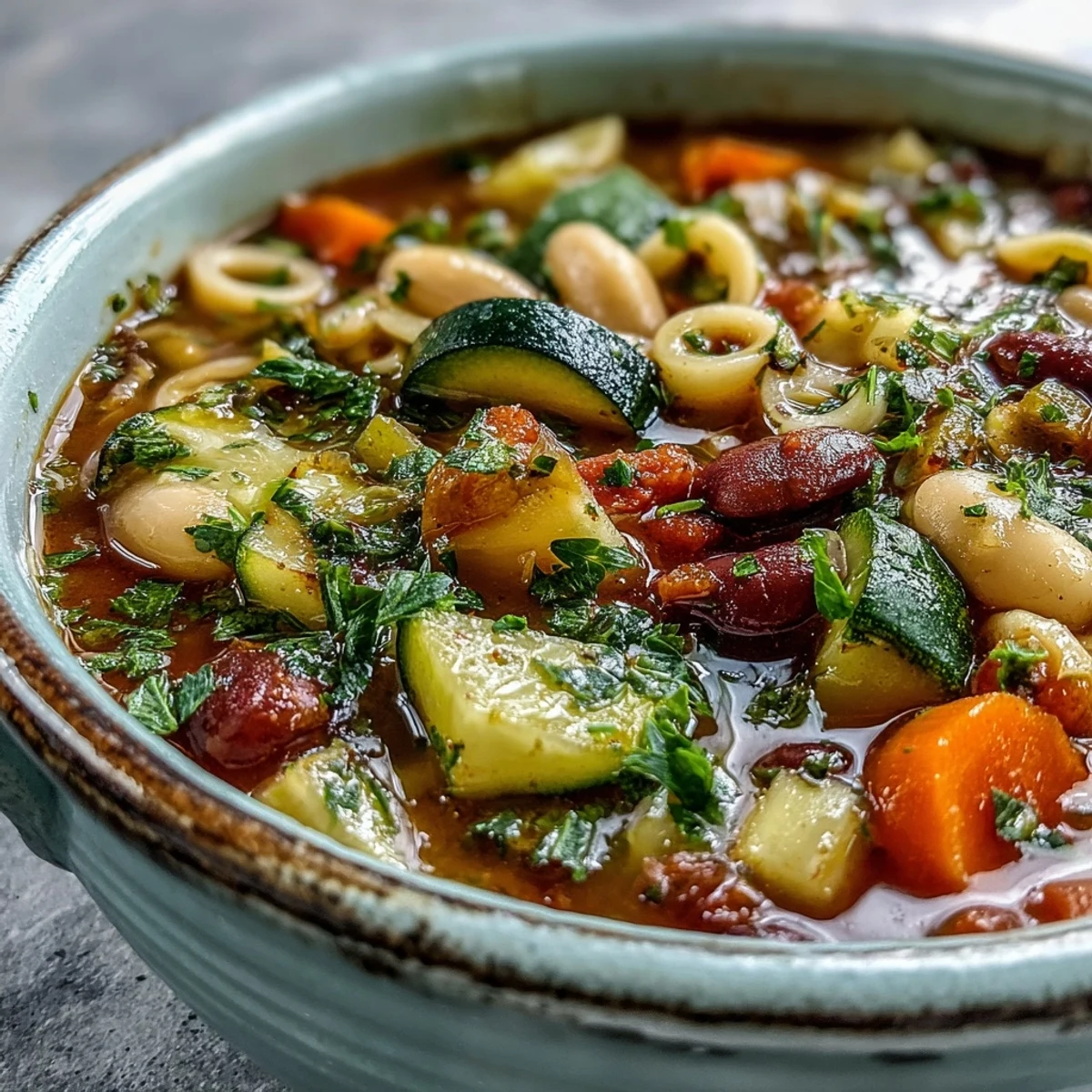 Close-up of a steaming bowl of Minestrone Soup, featuring vibrant vegetables, beans, and small pasta in a clear broth.