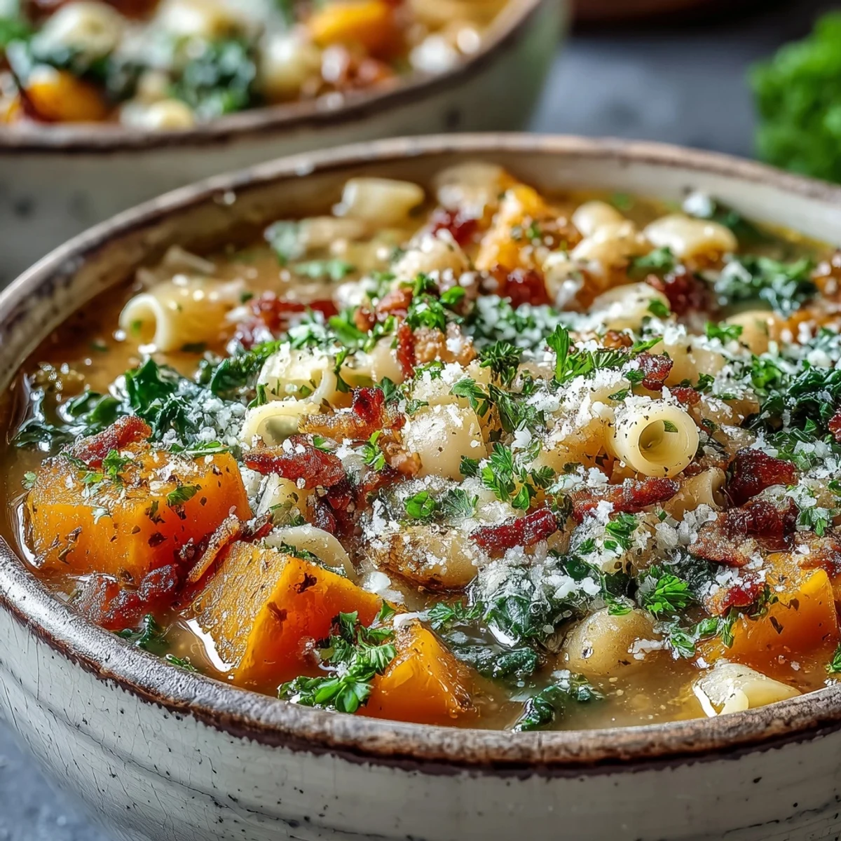 Close-up of rich Fall Minestrone with ditalini pasta, savory pancetta, and melted Parmesan in a cozy kitchen setting.