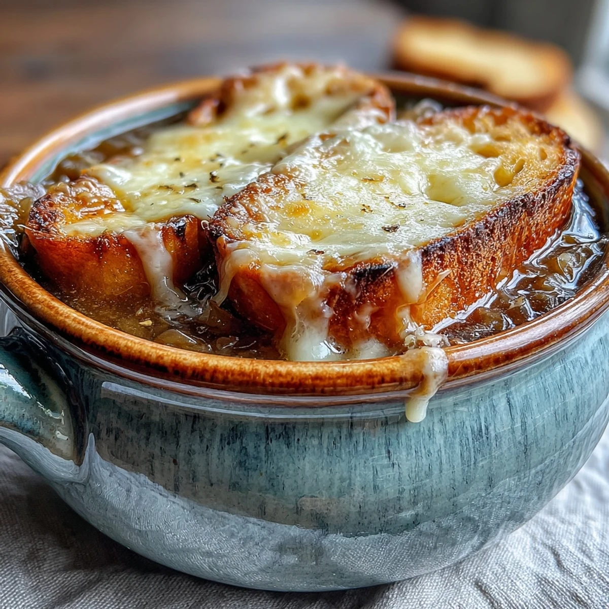 Golden-brown, caramelized onions simmer in a Dutch oven for this rich Dutch Oven French Onion Soup, topped with melted Gruyère.