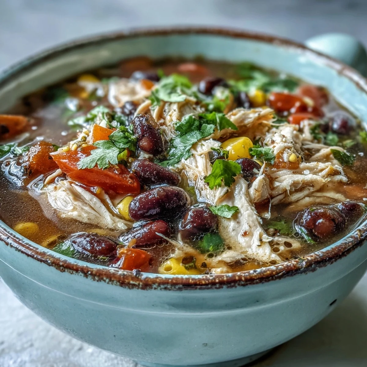 A steaming bowl of Southwestern Turkey Soup, topped with sliced avocado, fresh cilantro, and crumbled tortilla chips.