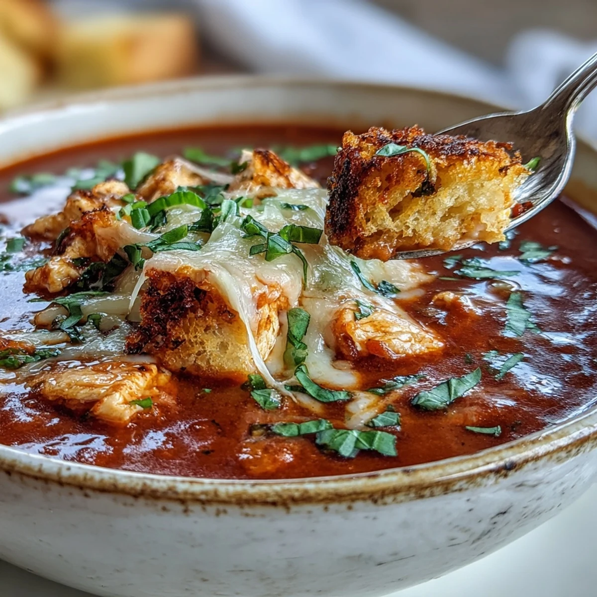 Grilled Chicken Parmesan Soup simmering in a pot with diced vegetables and shredded chicken for a hearty meal.
