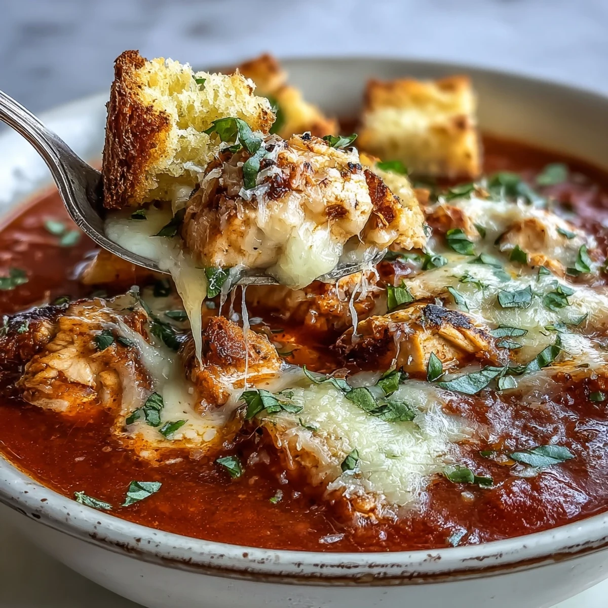 A steaming bowl of Grilled Chicken Parmesan Soup topped with fresh basil, melted cheese, and garlic croutons.