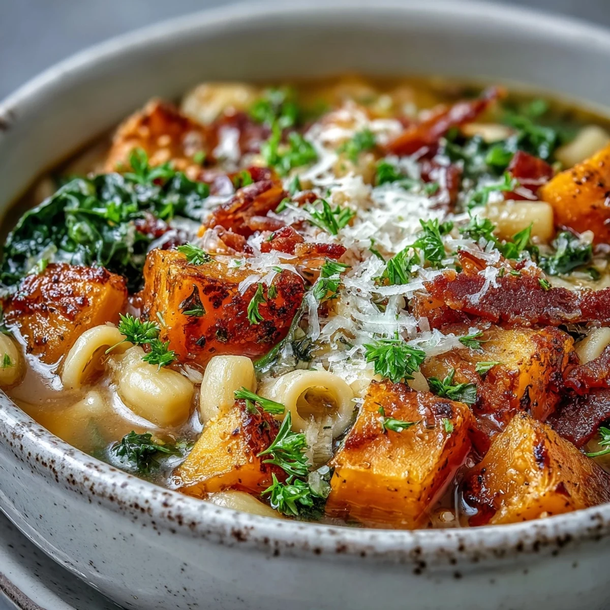 Fall Minestrone soup steaming in a rustic bowl, topped with crispy pancetta, fresh parsley, and grated Parmesan cheese.