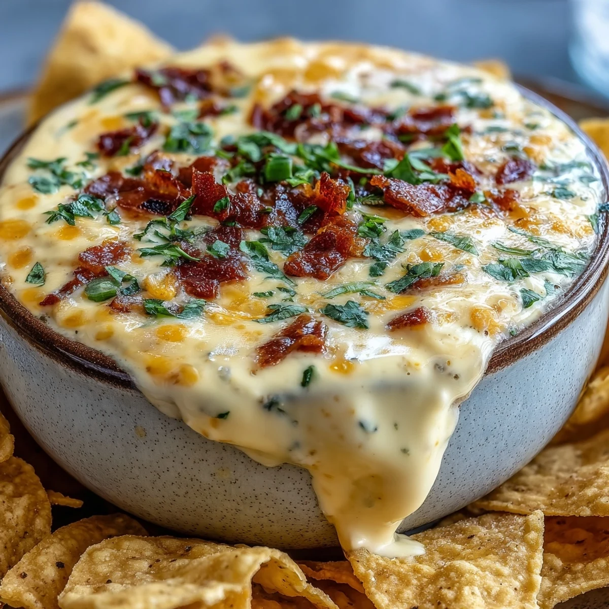A warm bowl of homemade Queso Dip topped with fresh cilantro and diced tomatoes.