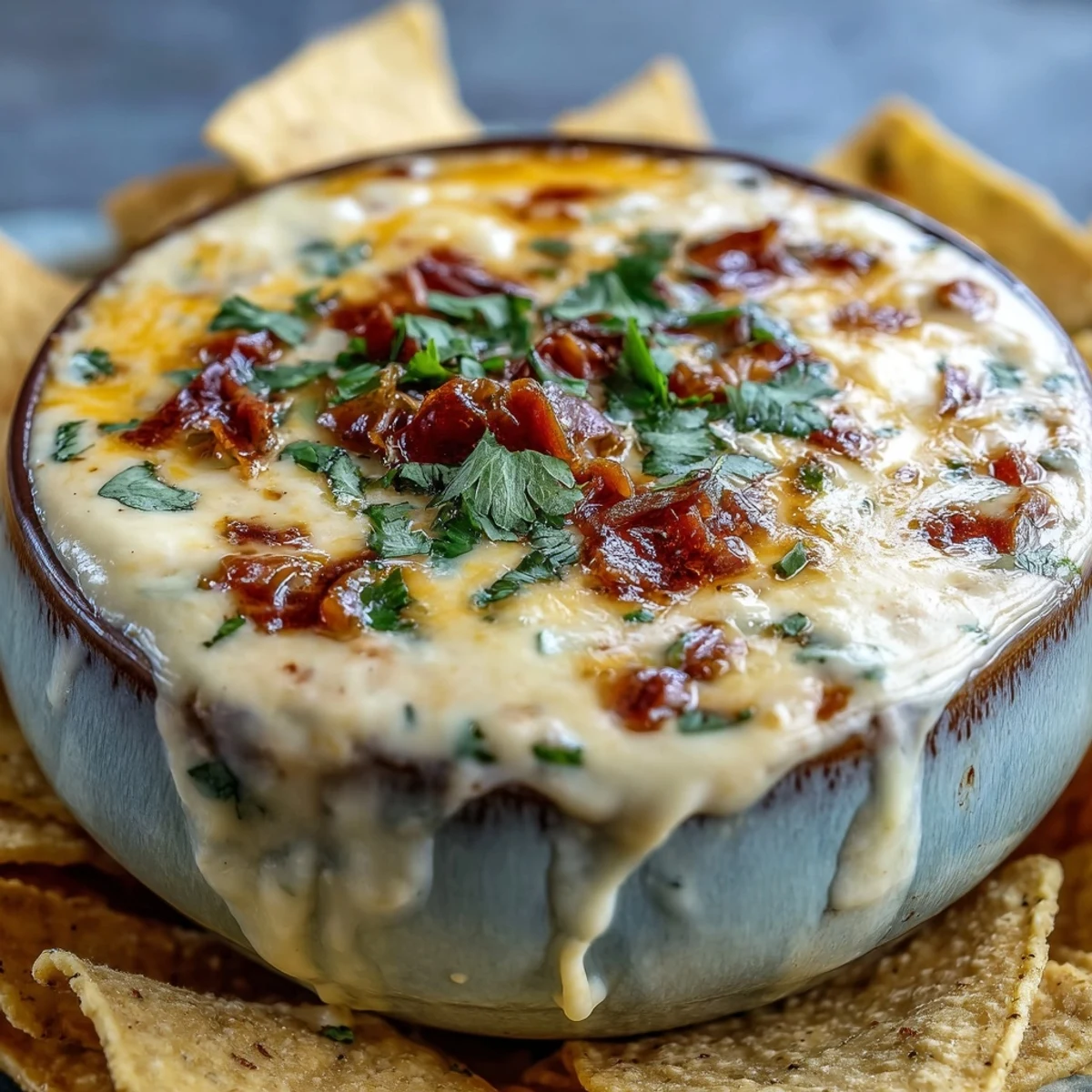 Spicy Queso Dip melting in a skillet, surrounded by crispy tortilla chips for dipping.