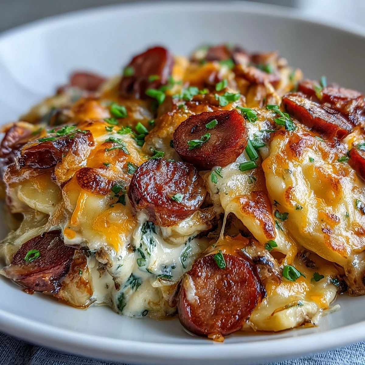 Golden brown, bubbly cheddar cheese melts over tender pierogi and smoky kielbasa slices in a creamy sauce, fresh chives sprinkled on top.