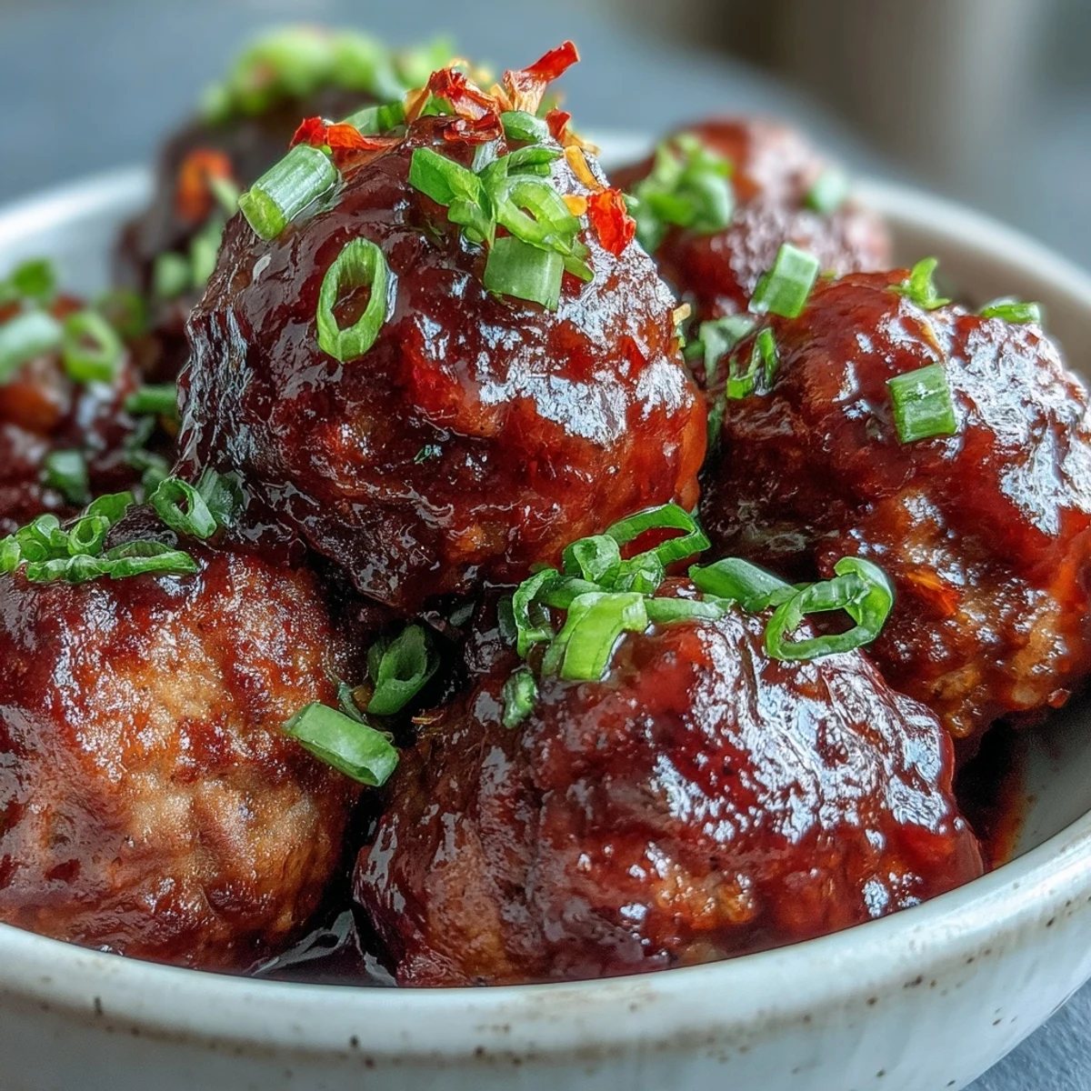 Sweet and Sour Crock Pot Meatballs coated in tangy apricot glaze, garnished with sesame seeds and fresh parsley on a rustic platter.