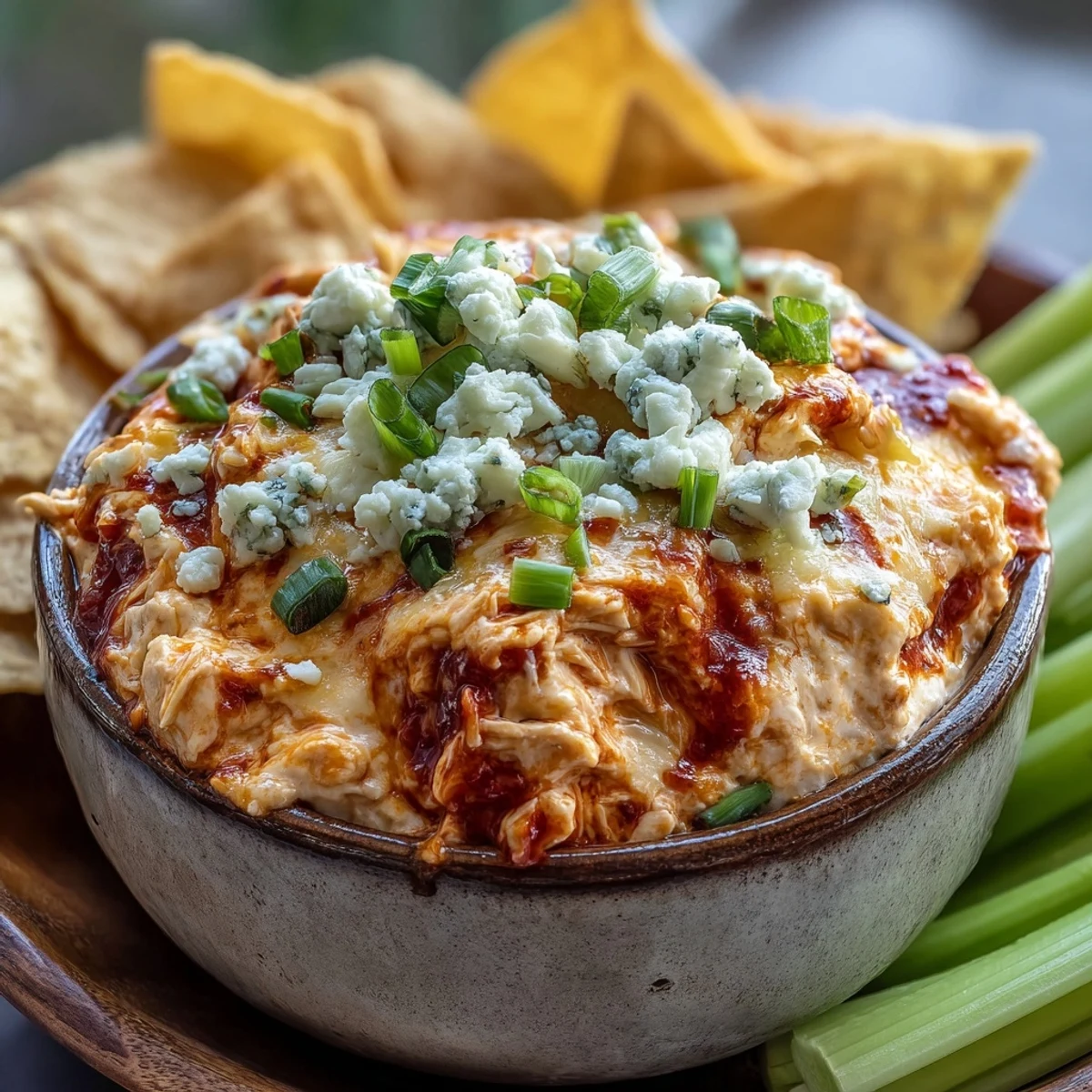 Crock Pot Buffalo Chicken Dip bubbling in a slow cooker, surrounded by tortilla chips and celery sticks for a spicy, cheesy appetizer.