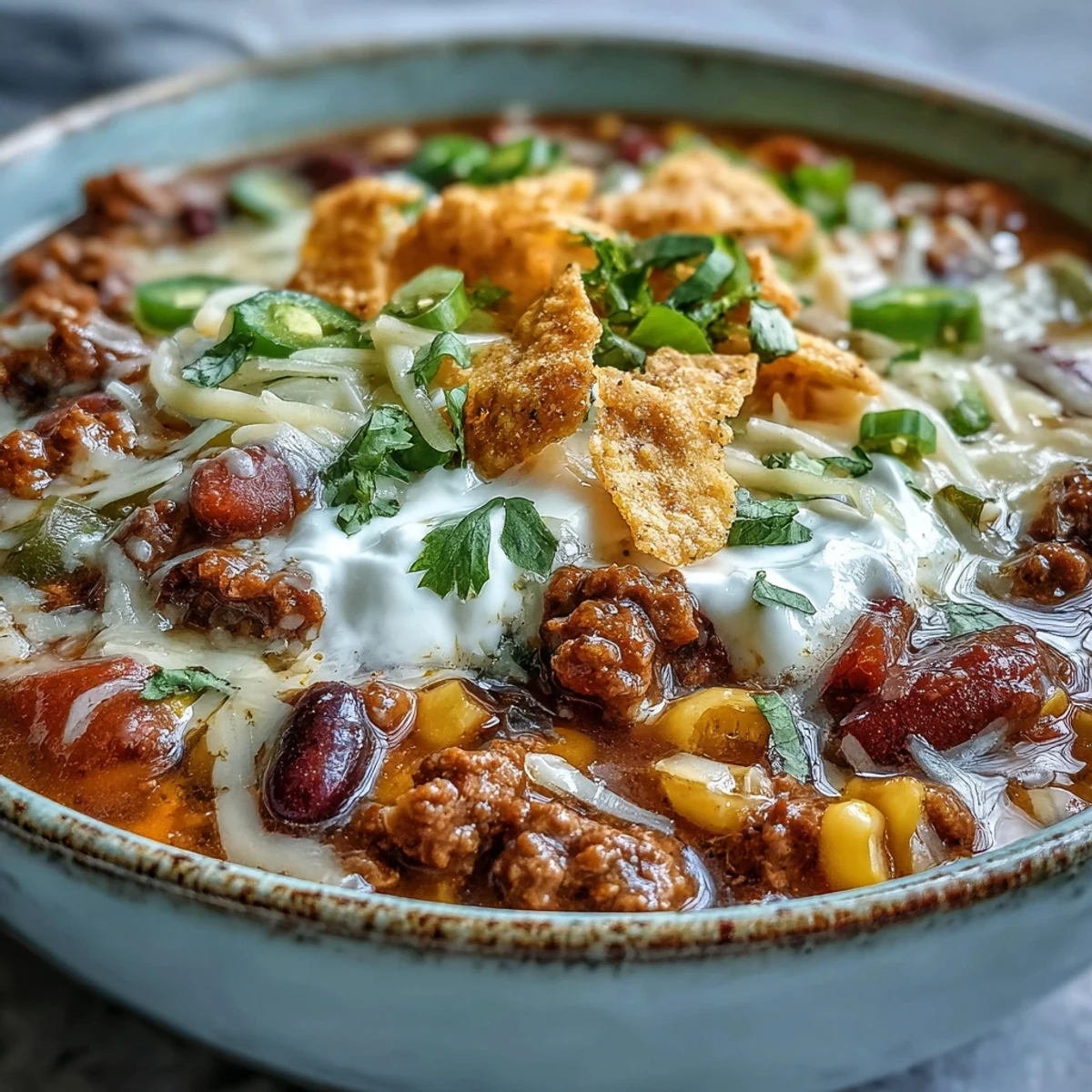 A bowl of hearty Taco Soup topped with shredded cheddar, sour cream, and fresh cilantro