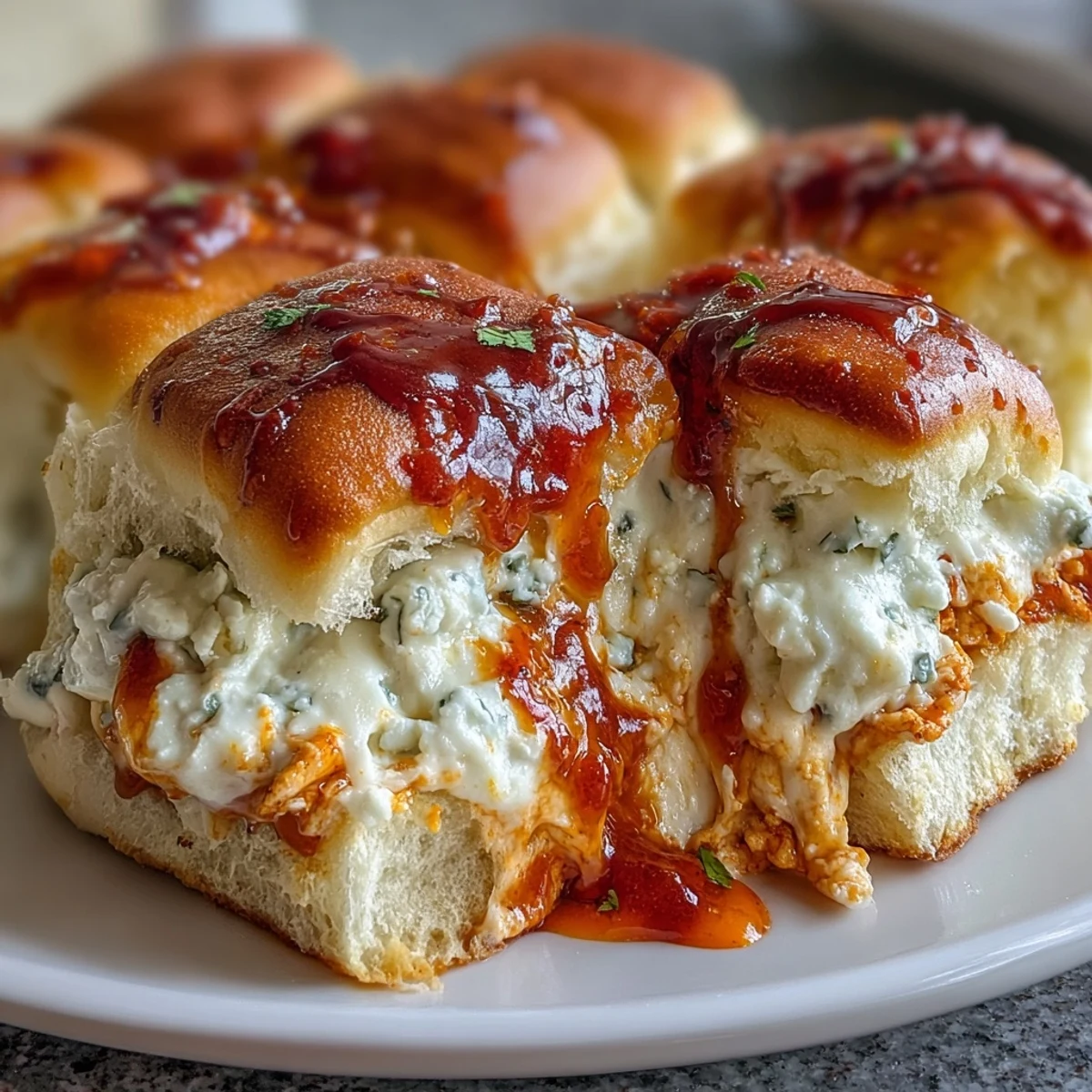 Golden brown Pizza Dip Sliders fresh from the oven, featuring soft Hawaiian rolls stuffed with spicy Buffalo chicken dip and melted cheese.