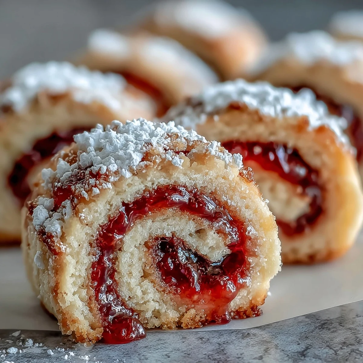 Close-up of Raspberry Swirl Shortbread Cookies reveals soft centers and golden edges, served alongside a steaming cup of tea.
