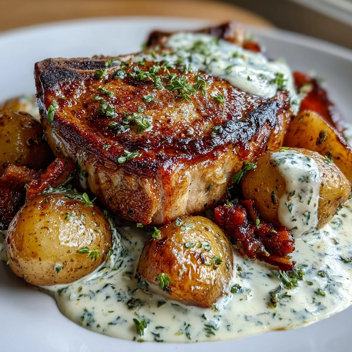 Family-style platter of Crockpot Ranch Pork Chops with fork-tender meat, glazed carrots, and potatoes soaking up the sauce.