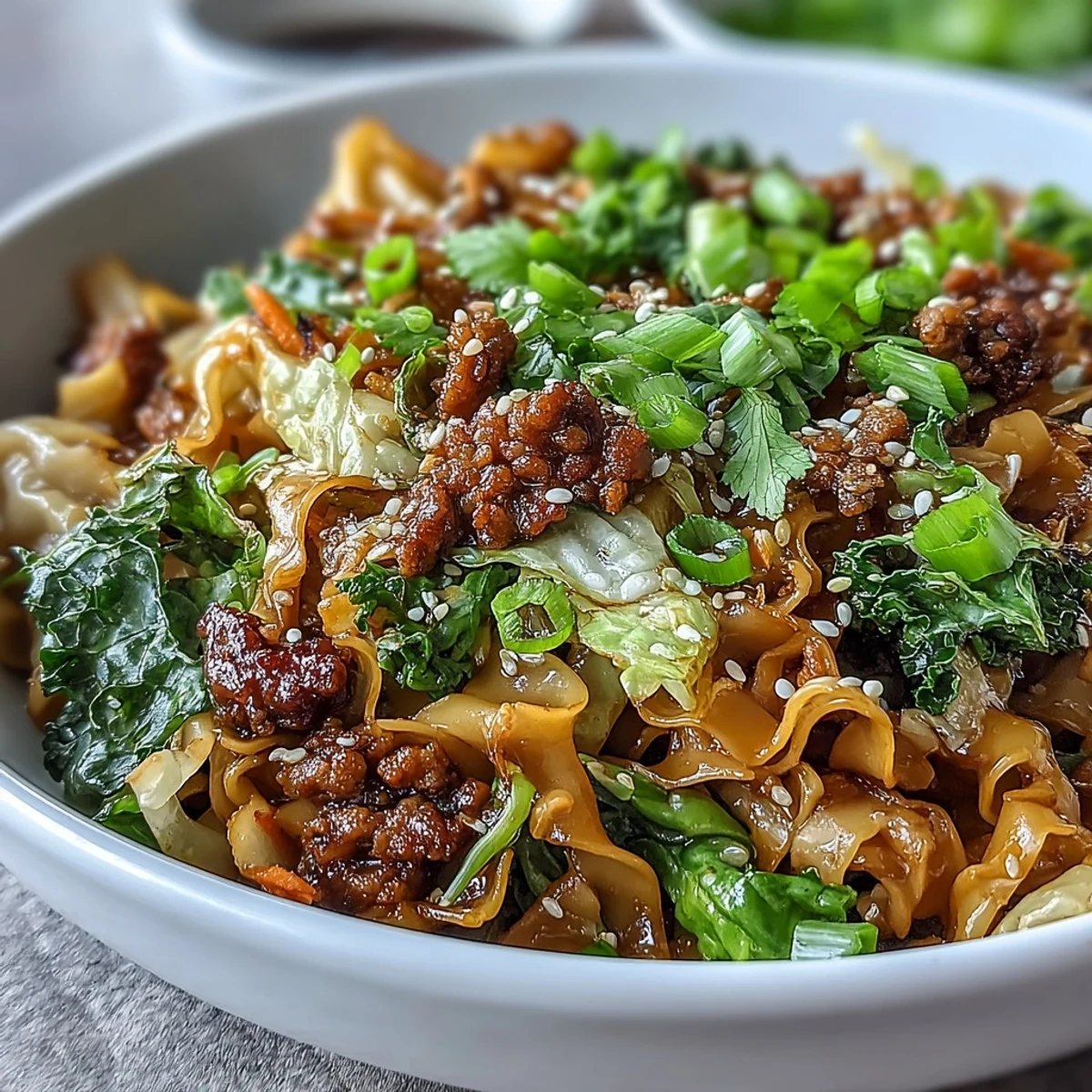 Steaming Potsticker Noodle Bowls feature rice noodles and savory pork, garnished with crisp vegetables and fresh herbs.