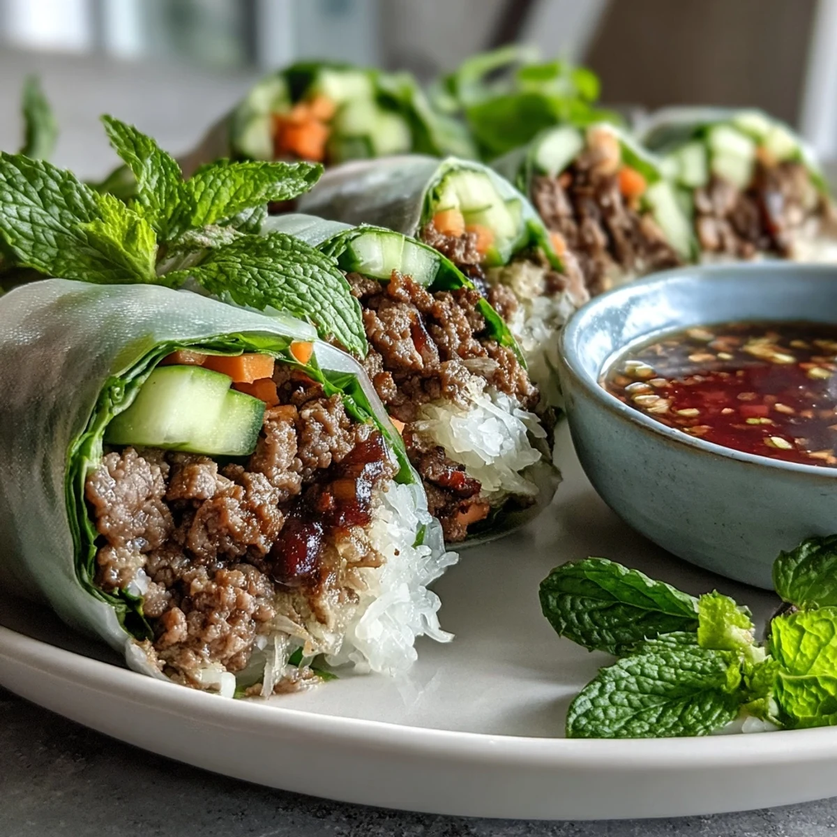 Vibrant Thai Basil Beef Rolls with aromatic herbs and a side of tangy chili sauce, perfect for a light lunch.
