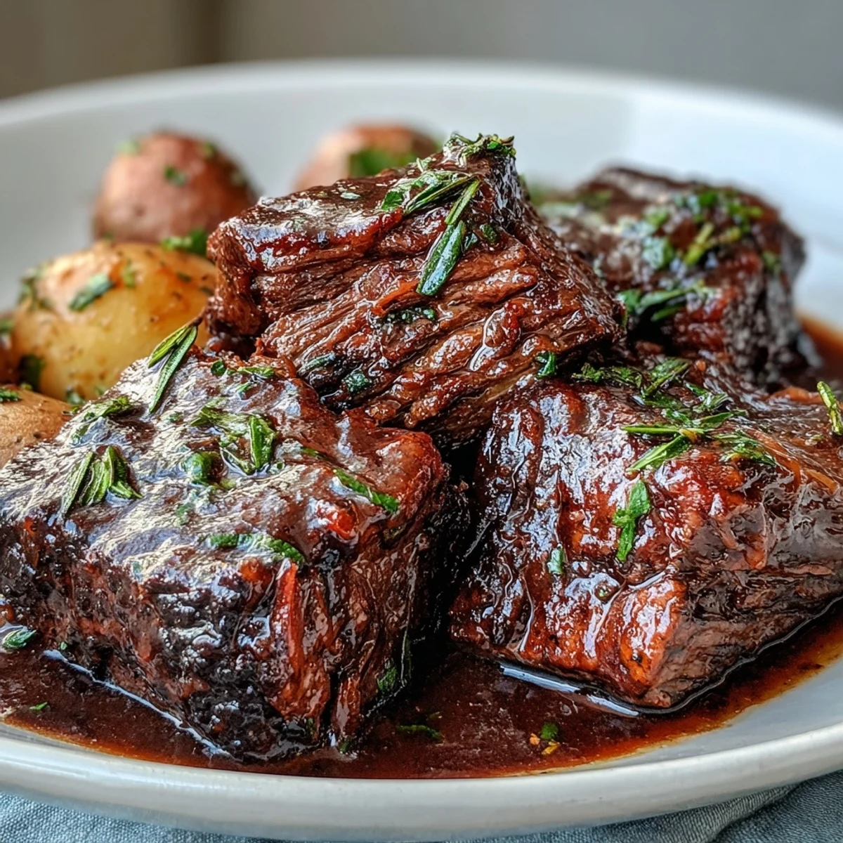 Hearty beef pot roast plated with buttered noodles and fresh parsley, steaming with savory aromas.