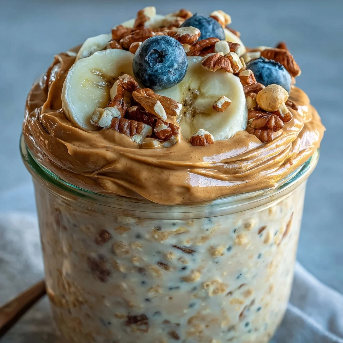 Creamy High-Protein Peanut Butter Overnight Oats topped with fresh berries in a glass jar. 
