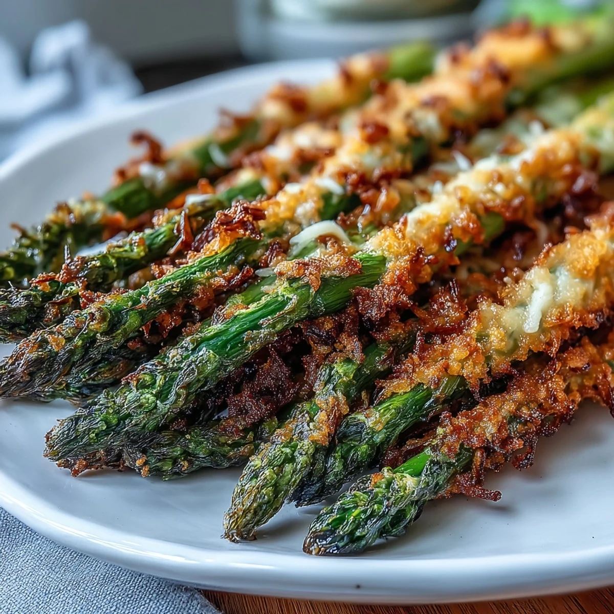 Golden-baked Crispy Asparagus Asiago Spears with a crunchy panko crust, served with lemon wedges on a white plate.