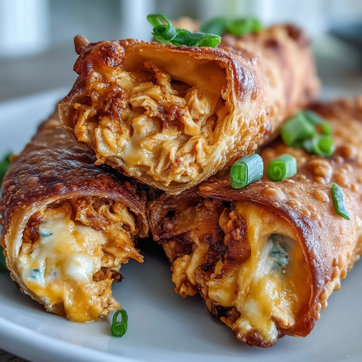 Golden-crisp Buffalo Chicken Dip Egg Rolls rest on a platter beside a bowl of creamy ranch dip.