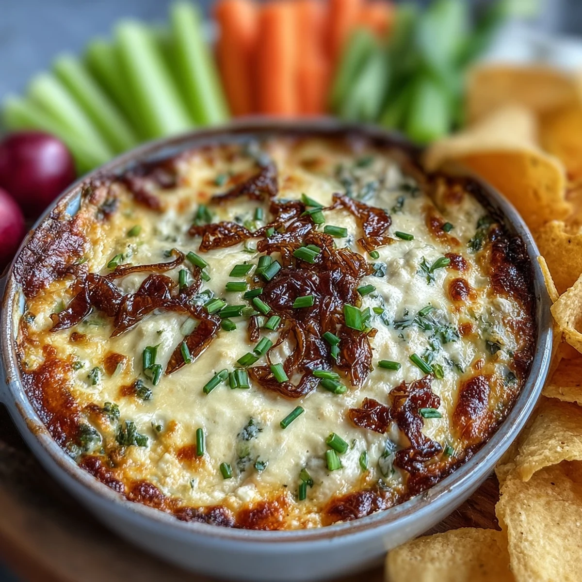 Smoked Gouda & Onion Dip bakes into a golden, bubbly appetizer, served warm with tortilla chips and fresh chives.