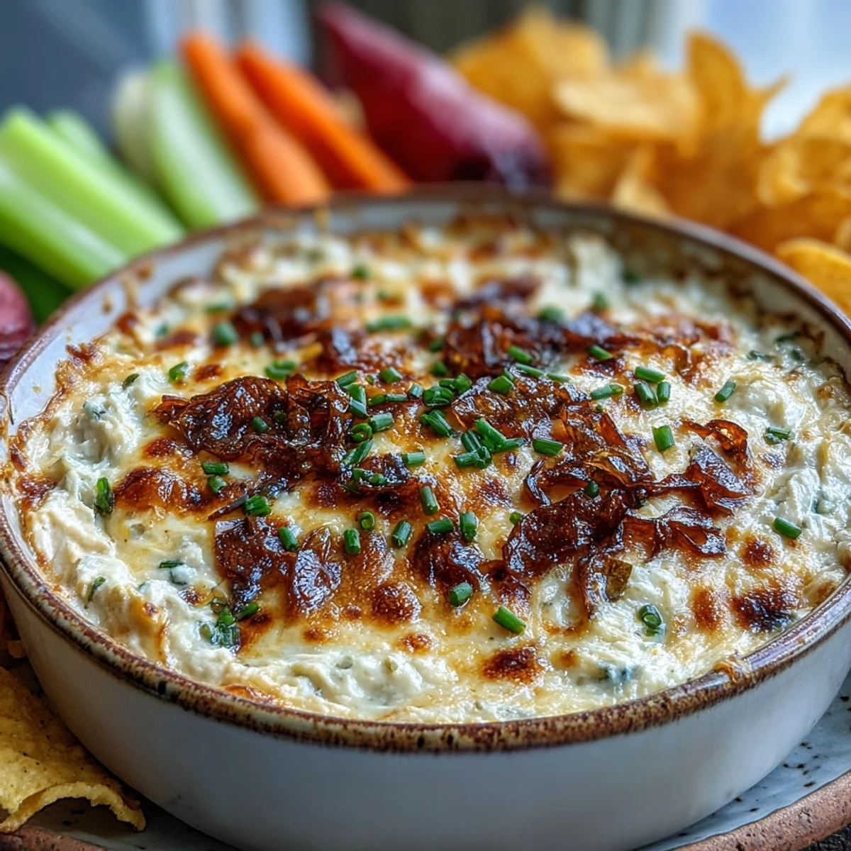 A spoon lifts from the baked Smoked Gouda & Onion Dip, revealing a creamy texture and flecks of caramelized onion.