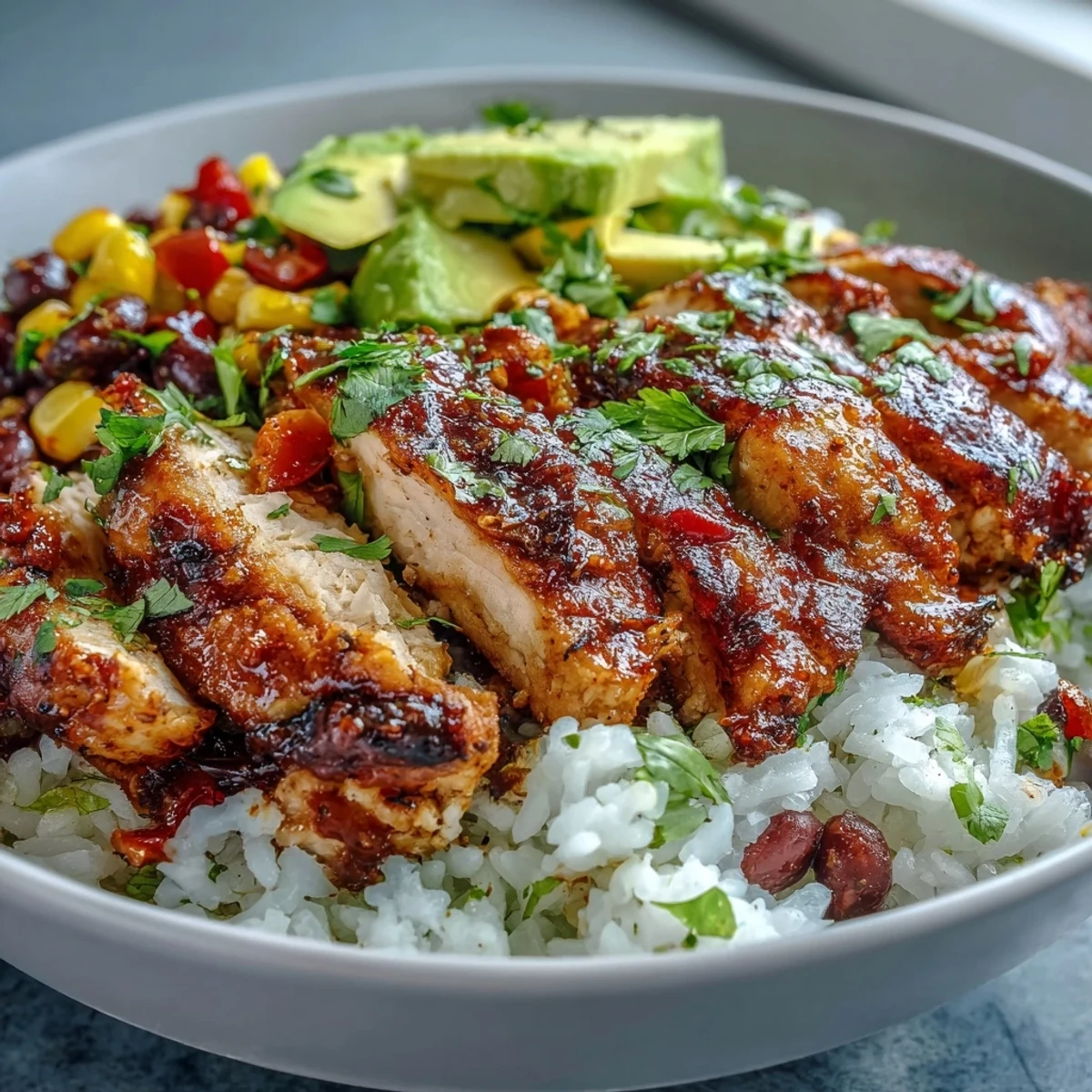 Golden-brown Cajun chicken slices rest on fluffy rice with sautéed peppers, onions, corn, and black beans in a bowl.