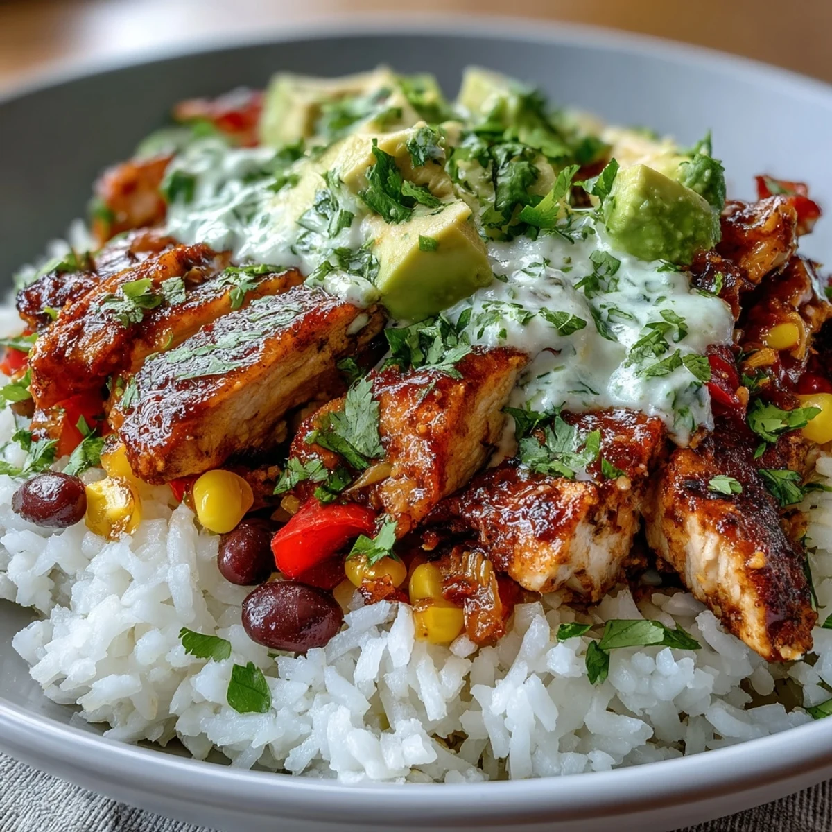 Colorful Cajun Chicken Bowl is topped with corn, black beans, and bell peppers, ready to be enjoyed for dinner.