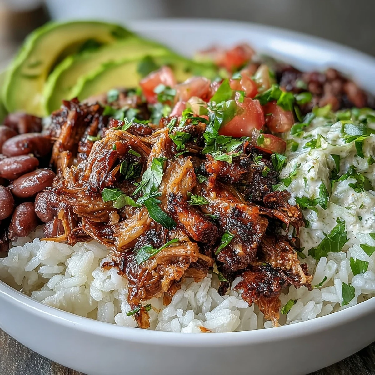 Golden-brown, crispy carnitas pile high over fluffy white rice, topped with fresh pico de gallo and creamy avocado slices.