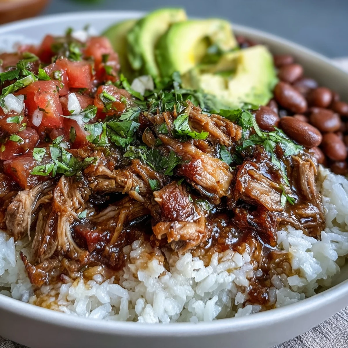 Sizzling shredded carnitas layered over warm rice and beans, garnished with cilantro and vibrant fresh salsa.