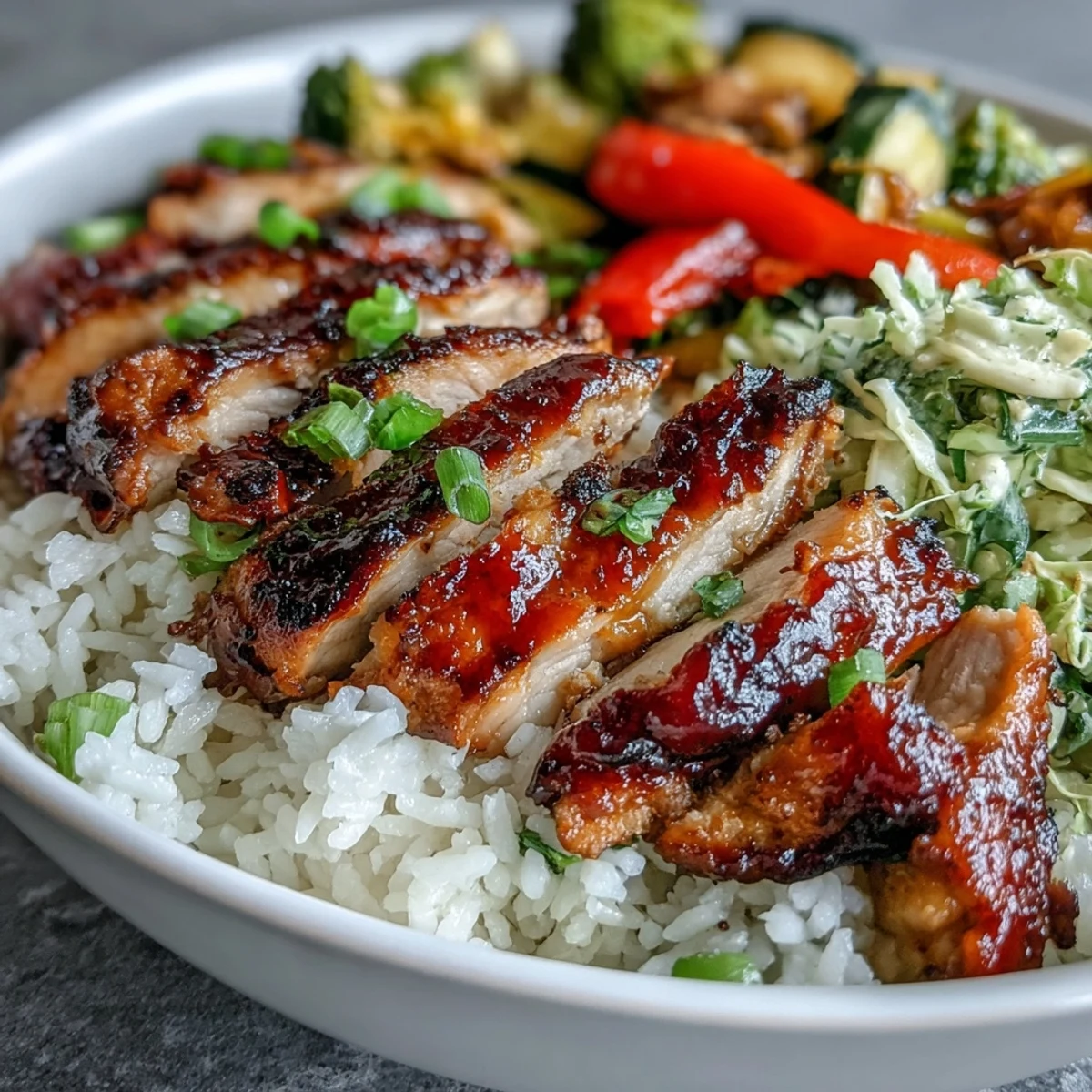 Golden BBQ-glazed chicken slices rest on fluffy white rice with crunchy coleslaw and roasted red bell peppers in a rustic bowl.
