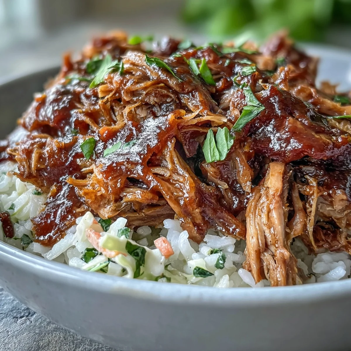 A close-up view of a vibrant Pulled Pork Bowl reveals tender shredded pork glistening with barbecue sauce. It sits on a bed of white rice with a side of crunchy, creamy red and green cabbage coleslaw.