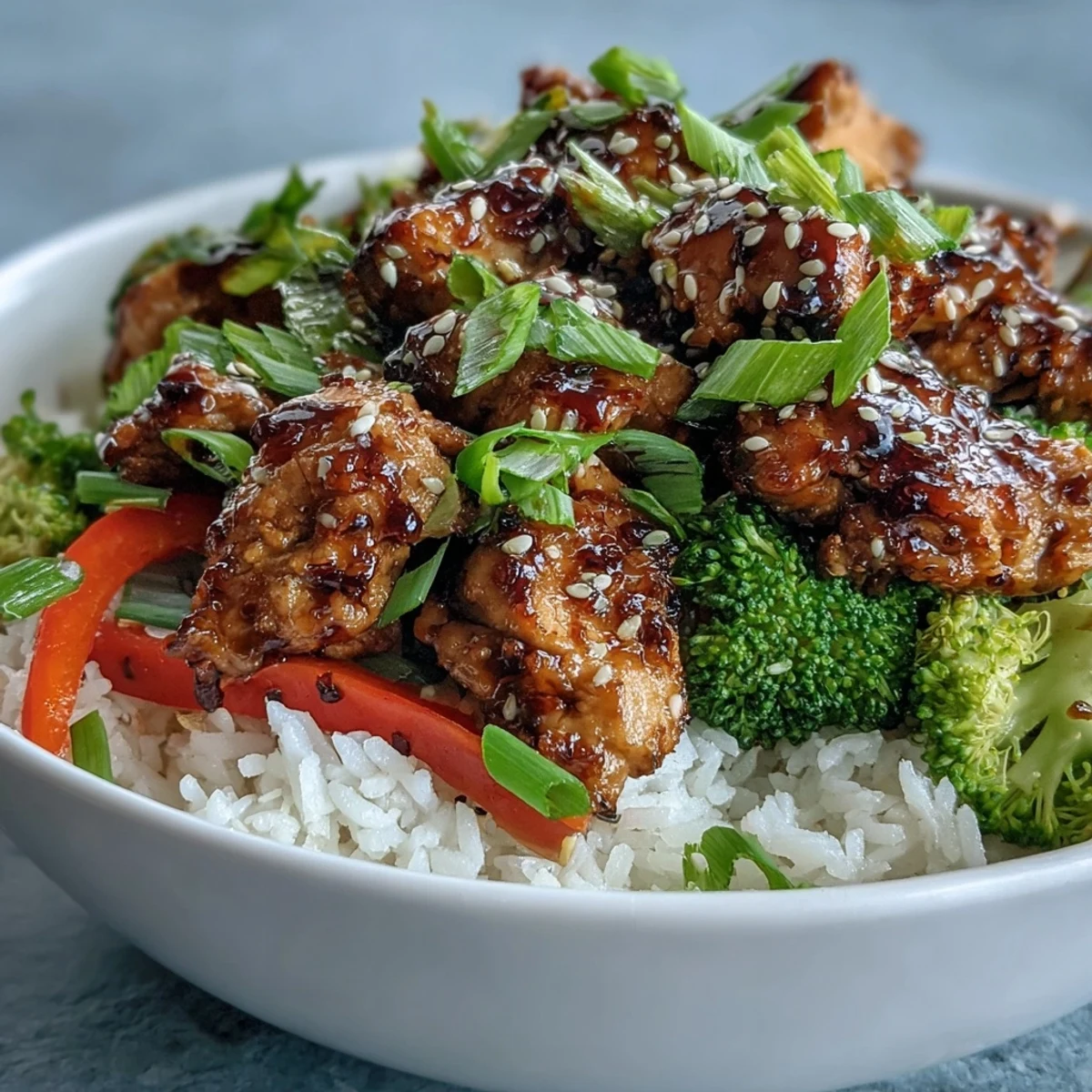 A wholesome Chicken and Rice Bowl garnished with green onions and sesame seeds, a quick dinner idea.