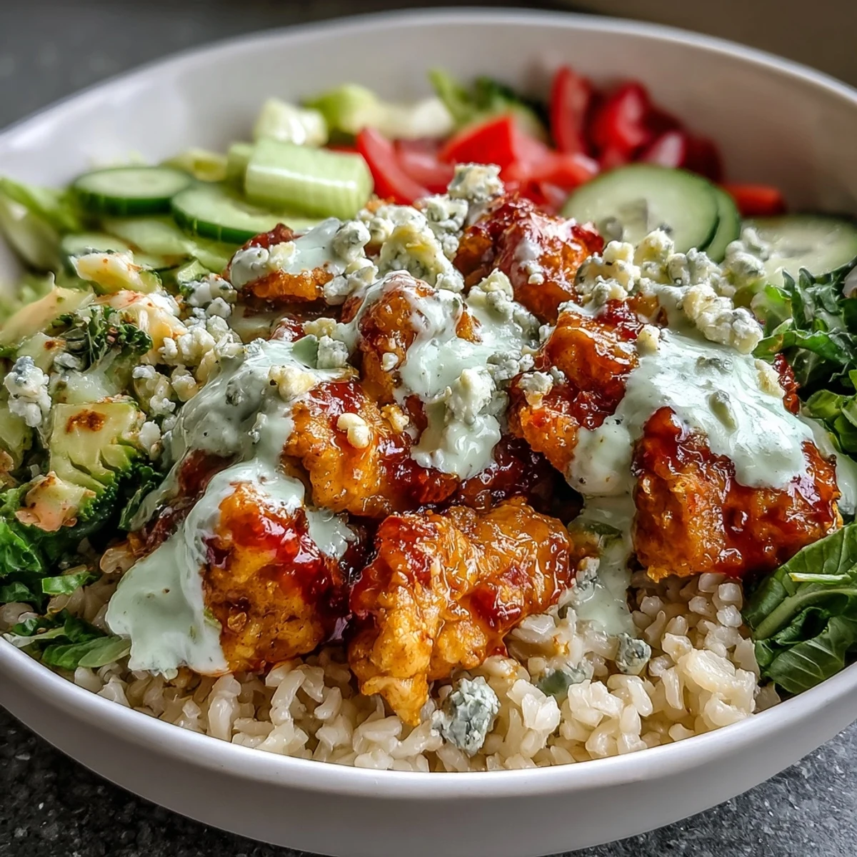 Creamy ranch drizzle and blue cheese crumbles top a spicy Buffalo Chicken Bowl garnished with parsley.