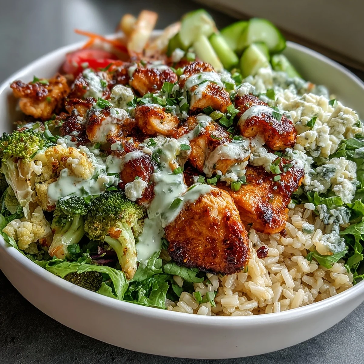 Tender buffalo chicken and fresh vegetables in a colorful bowl served with a side of ranch dressing.