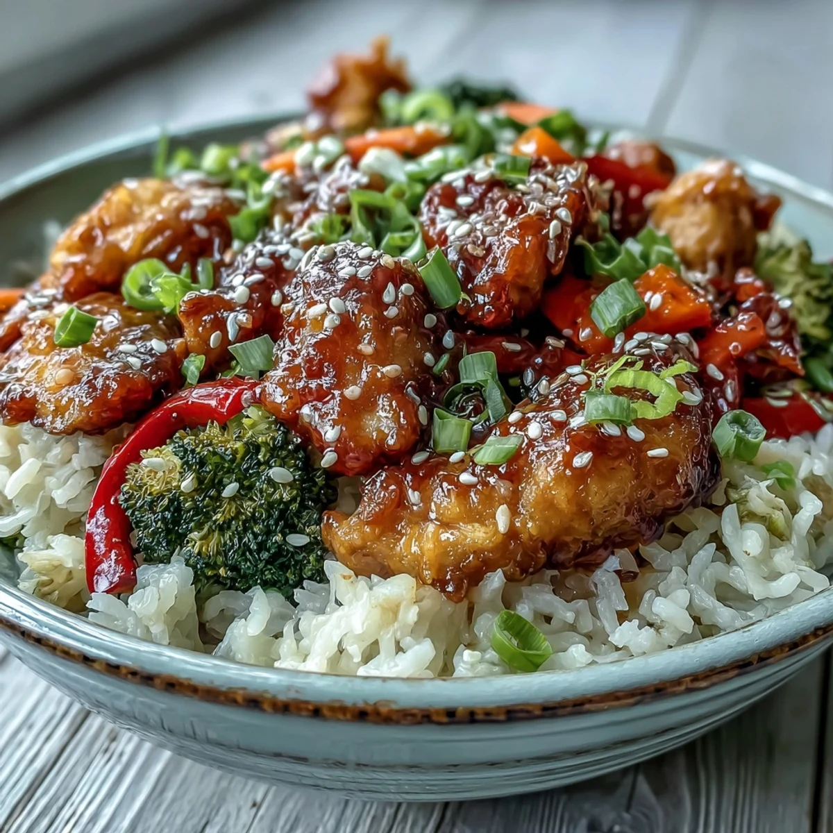 Golden Honey Garlic Chicken Bowl with fluffy white rice, crisp steamed broccoli, carrots, and red bell peppers, all drizzled with a sticky, sweet-savory glaze.