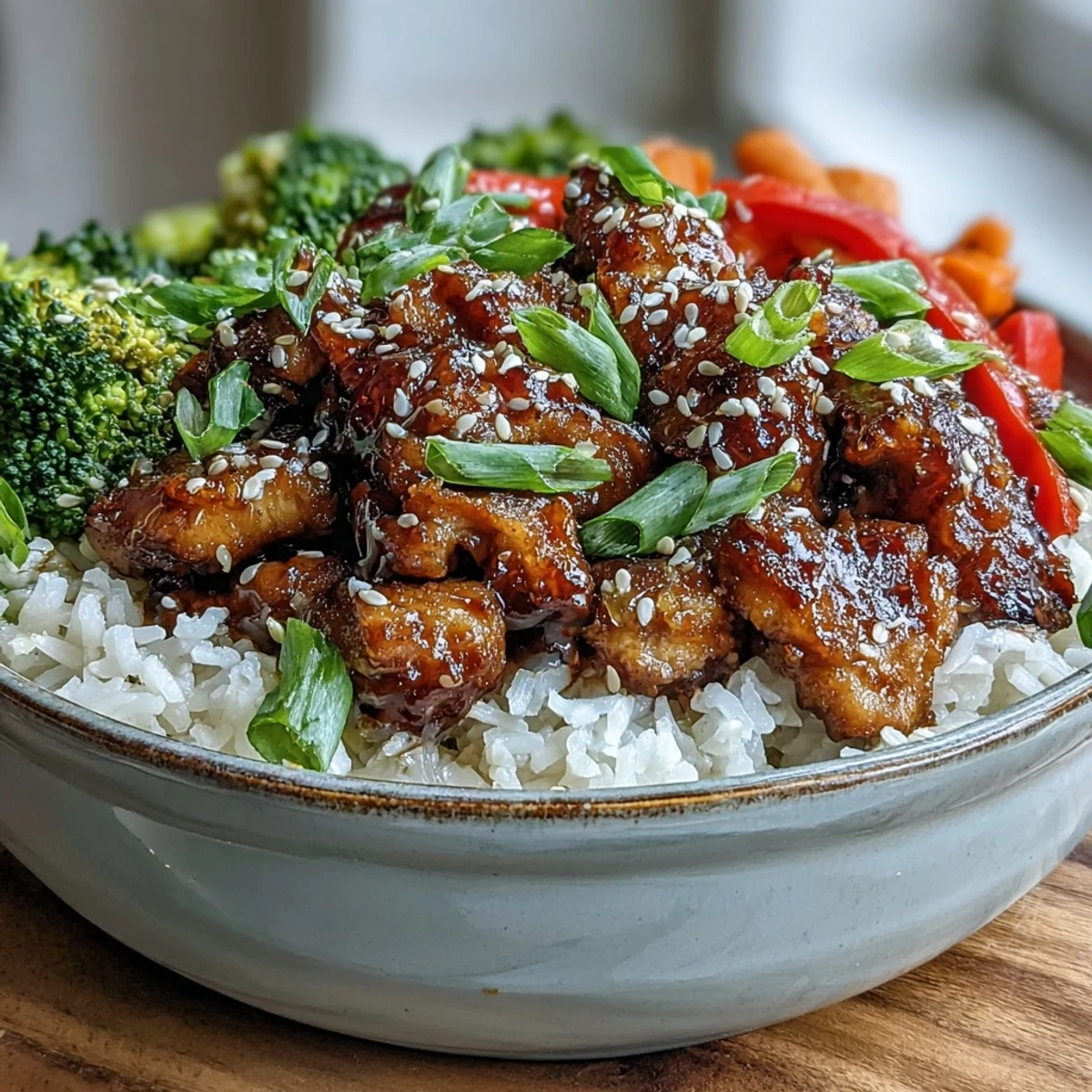 Glossy Honey Garlic Chicken Bowl featuring tender glazed chicken thighs, fluffy jasmine rice, and colorful stir-fried vegetables, garnished with fresh green onions and sesame seeds.
